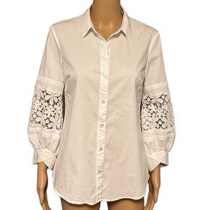 IMNYC Isaac Mizrahi Stretch White Embroidered Button Down Shirt Sz S